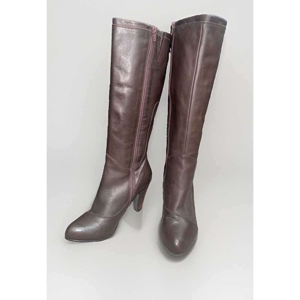 ICORA Brown Leather Knee High Boots Womens Sz 8M Heeled Pointed Toe Zip